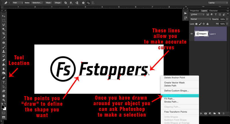 Screenshot of Photoshop interface showing Fstoppers logo with annotations explaining vector shape creation workflow.