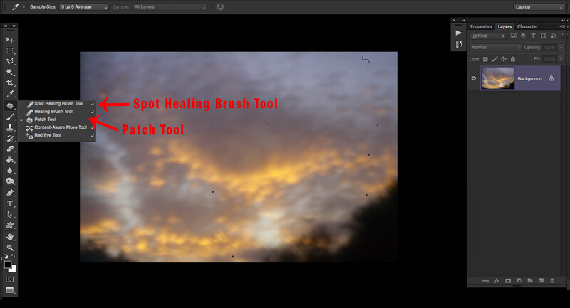 Screenshot of Photoshop's healing and patch tool options in the toolbar.