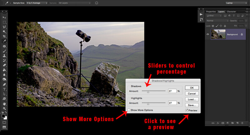 Screenshot of Photoshop's Shadows/Highlights adjustment dialog with sliders and preview options.