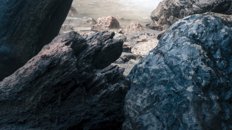 Rocky boulders and stone formations on a beach or tidal flat with layered, textured surfaces.