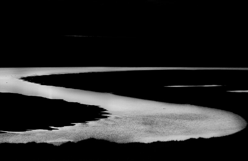 High-contrast black and white abstract composition with flowing white and gray forms against deep black background.
