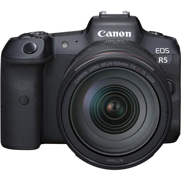 Canon EOS R5 mirrorless camera with RF 24-105mm lens attached, shown in front-facing view.