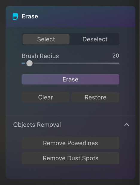 Screenshot of an Erase tool panel with brush radius slider and object removal options.