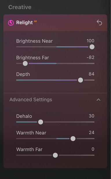 Screenshot of Creative lighting adjustment panel with Relight settings for brightness, depth, and warmth controls.