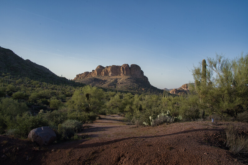 Desert landscape with rocky butte formation, desert vegetation, and red earth in foreground under clear sky.