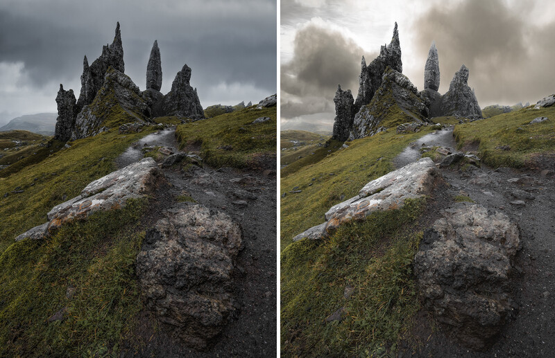 Side-by-side comparison of rocky mountain pinnacles on a moss-covered slope under dramatic sky.