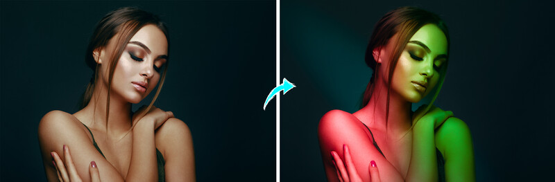 Before and after portrait showing dramatic color grading transformation with neon green and red lighting effects.