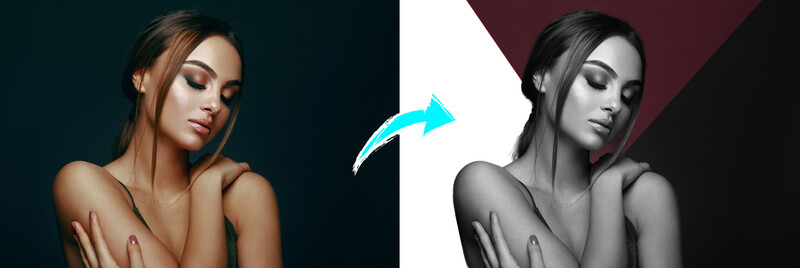 Before and after comparison showing color portrait transformed to black and white with adjusted background.