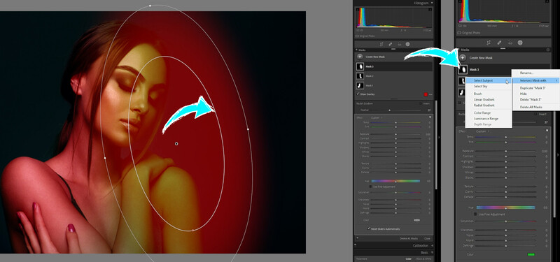 Screenshot of photo editing software showing a portrait with red and yellow color grading and adjustment curves displayed.