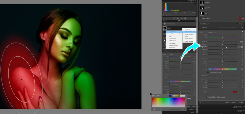 Screenshot of photo editing software showing color grading adjustments for a portrait with red and green lighting.