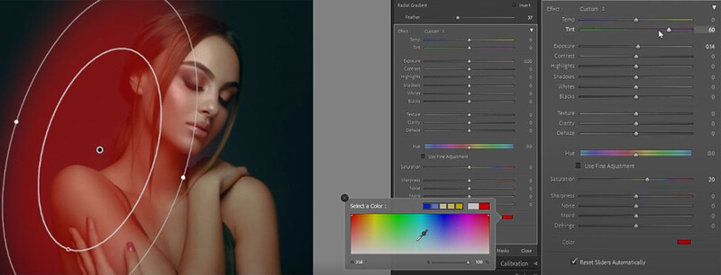 Screenshot of photo editing software showing radial gradient overlay adjustment on portrait with color picker panel open.