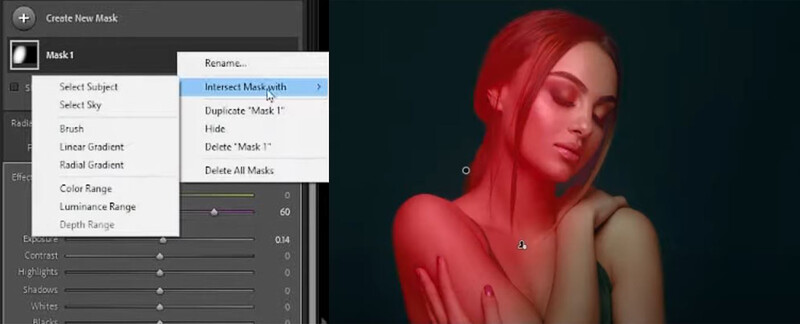 Screenshot of photo editing software showing mask adjustment interface with portrait preview in red monochromatic lighting.