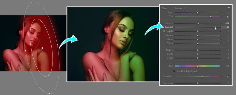 Screenshot showing color grading adjustment of a portrait with split red and green lighting effects.