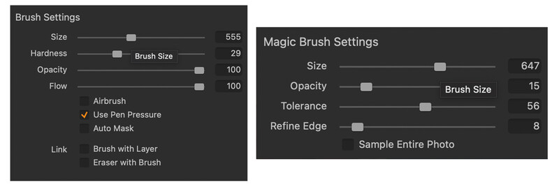 Screenshot of Brush Settings and Magic Brush Settings panels from a photo editing software interface.