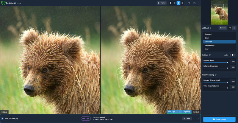 Screenshot showing before and after comparison of bear portrait editing in photo processing software.