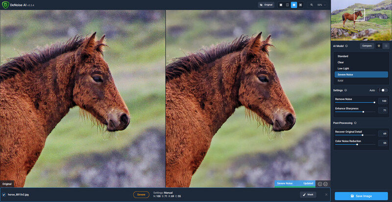 Screenshot of photo editing software showing before and after comparison of a brown horse portrait with adjusted lighting.