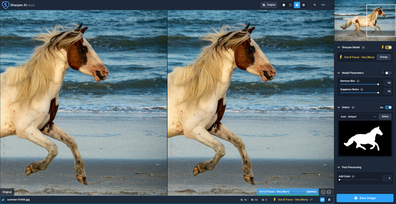 Screenshot of image editing software showing before and after comparison of a horse on a beach.
