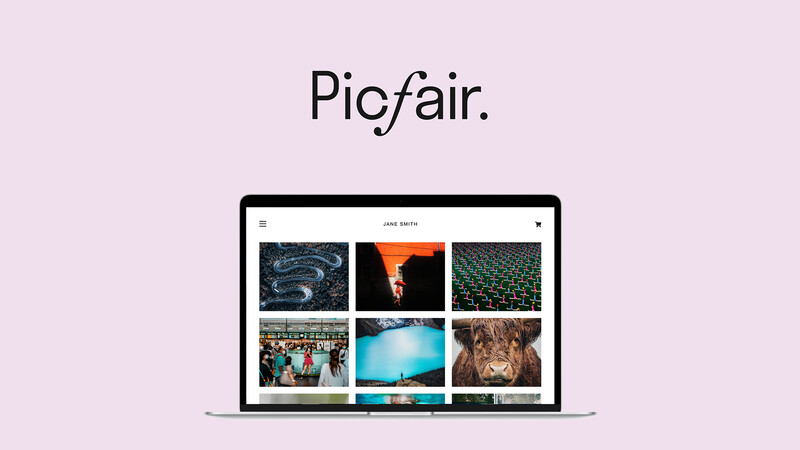 Screenshot of Picfair website displaying a grid layout of six photography portfolio images on a laptop screen.