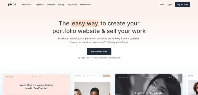 Screenshot of Pixpa's portfolio website builder homepage showing example portfolio sites and marketing copy.