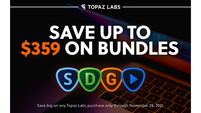 Promotional graphic for Topaz Labs software bundle discount offer.