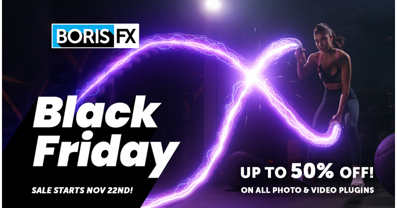 BORIS FX Black Friday promotional graphic with purple electric effects and a person posing against dark background.