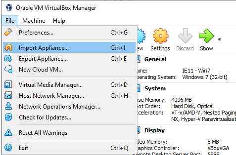 Screenshot of Oracle VM VirtualBox Manager showing File menu with Import Appliance option highlighted.