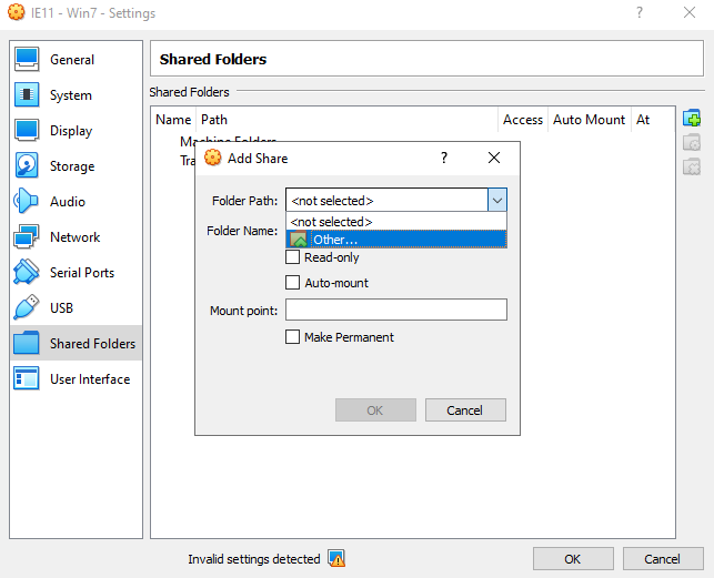 Screenshot of VirtualBox shared folder configuration dialog with folder path and mount point settings.
