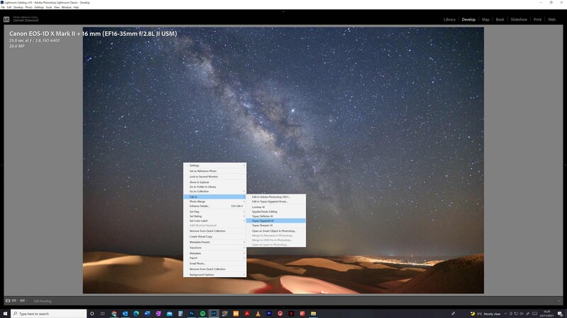 Screenshot of Canon EOS-1D Mark II camera settings and post-processing menus overlaid on a Milky Way landscape photograph.