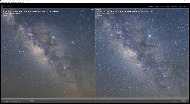 Side-by-side comparison of Milky Way photographs taken with different Canon EOS-1D X Mark II lenses.