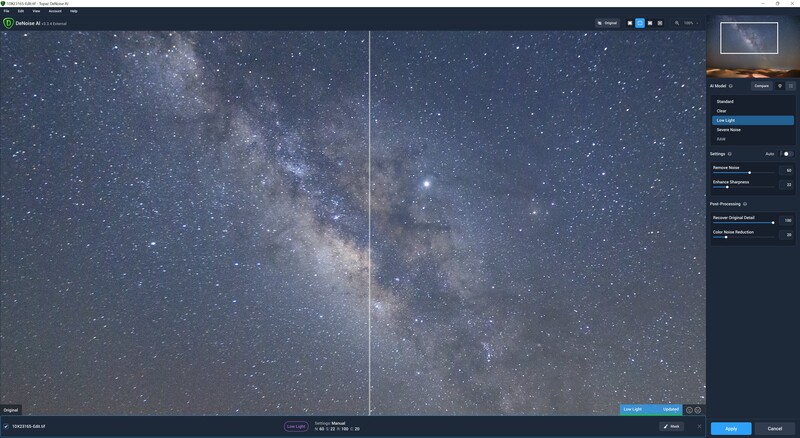 Screenshot of astronomy software showing Milky Way star field with editing panel open on right side.