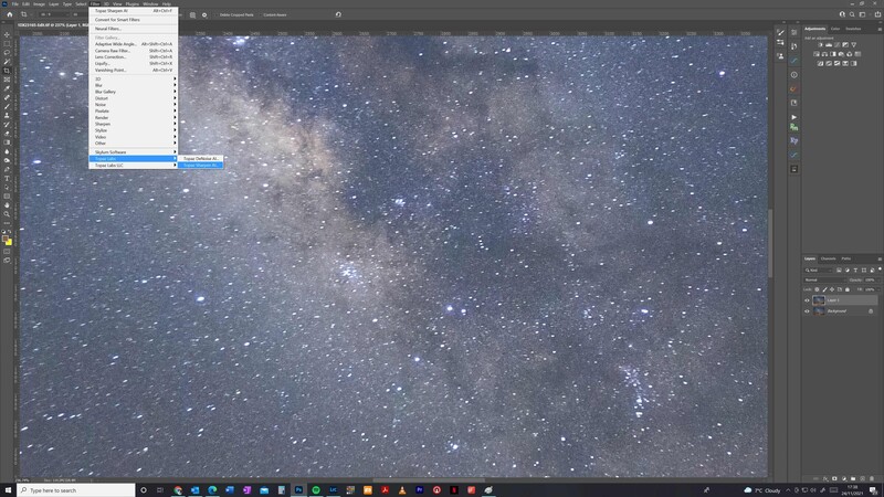 Screenshot of astronomy photo editing software displaying a Milky Way landscape with stars and galactic core.
