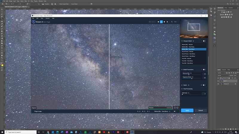 Screenshot of Adobe Photoshop with a Milky Way photograph open in the Generative Fill dialog box.