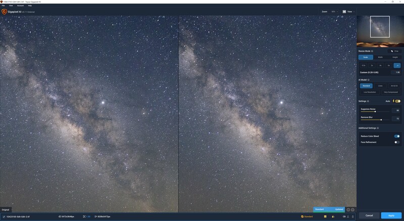 Screenshot of photo editing software showing before and after comparison of a milky way photograph.