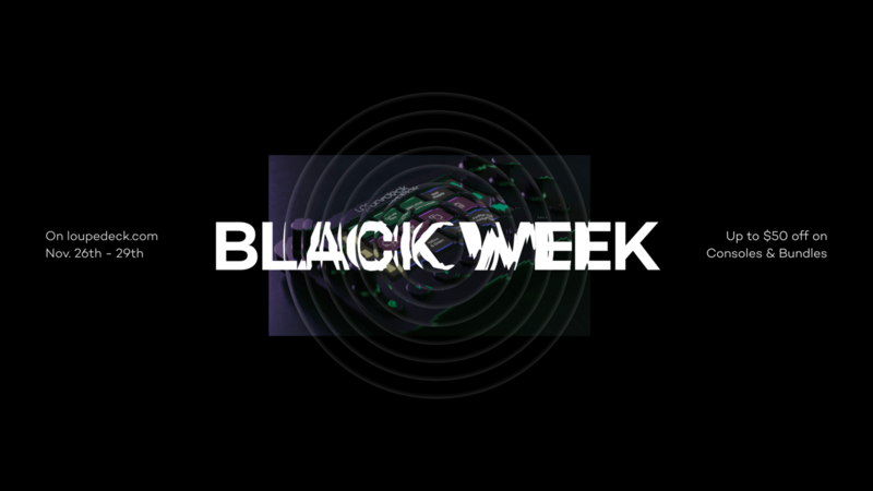 Black Week promotional graphic with concentric circular design and green accents on dark background.