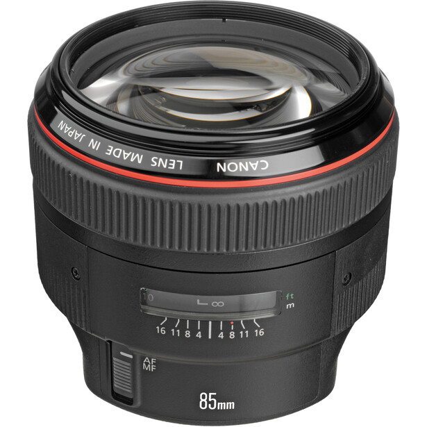 Canon EF 85mm f/1.2L USM telephoto prime lens with red ring accent.