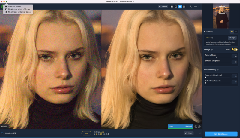 Screenshot of portrait retouching software showing before and after comparison of a blonde woman's face with adjusted skin tone and contrast.