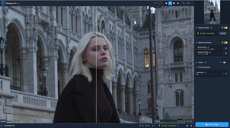 Screenshot of video editing software showing a woman with platinum blonde hair against ornate Gothic architecture.
