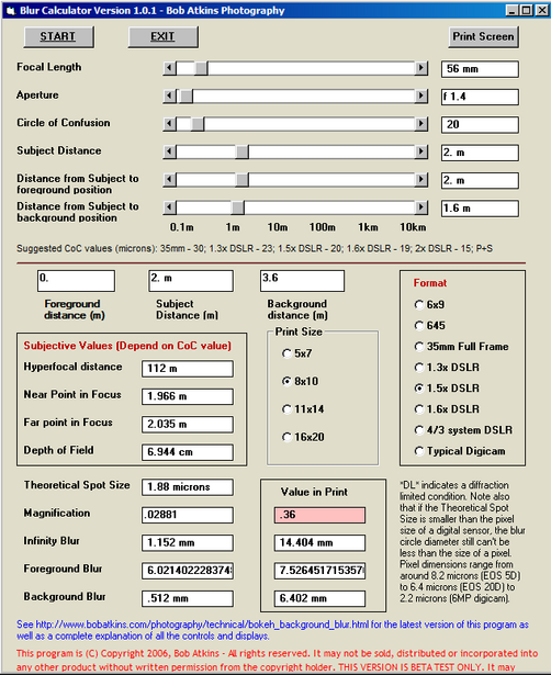 Screenshot of the Stair Calculator photography tool interface showing focal length and depth of field parameters.