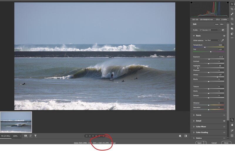 Screenshot of Lightroom Classic showing a surfing photograph during post-processing with adjustment panels visible on the right.