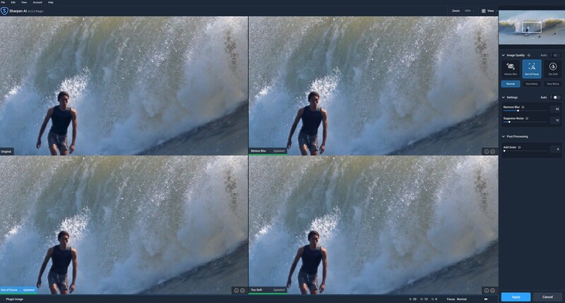 Screenshot of video editing software showing four frames of a surfer in a wetsuit facing a large breaking wave.