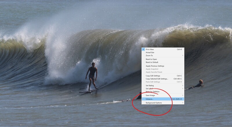 Screenshot of image editing software menu overlaid on surfing photo.