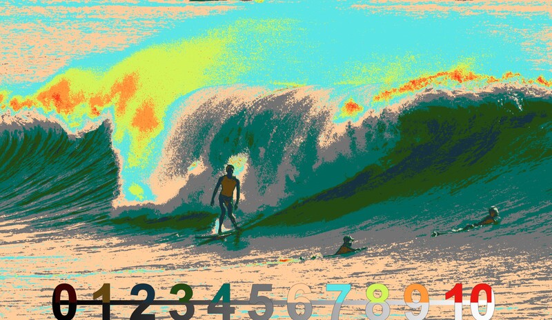 Surfer riding a large wave with vivid thermal color grading and numbered sequence overlay.
