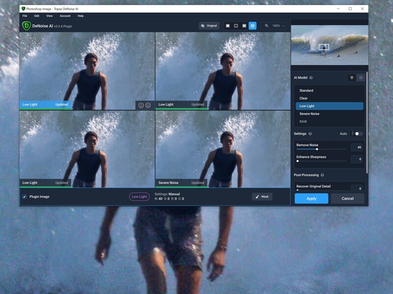 Screenshot of video editing software showing four frames of a surfer in water with color grading adjustments panel open.