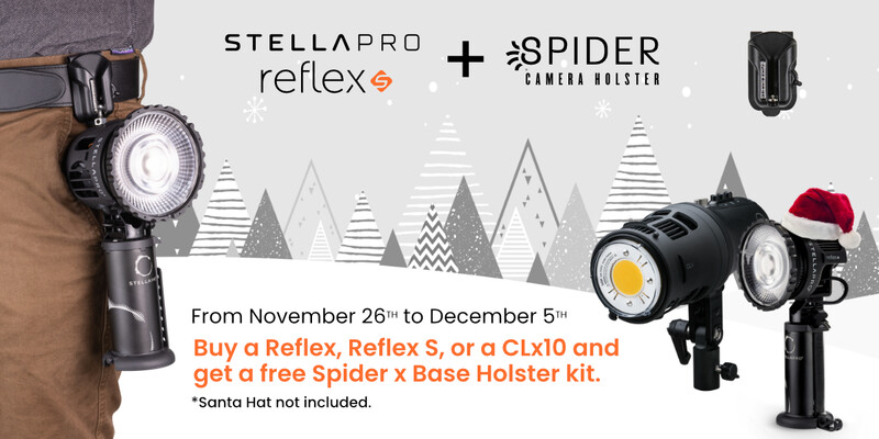 Promotional graphic for lighting equipment bundle featuring Stella Pro Reflex and Spider Camera Holster products.