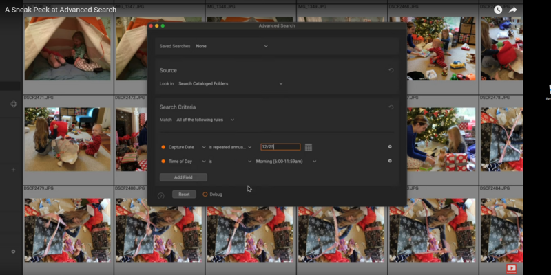 Screenshot of Advanced Search interface in photo management software with search criteria and filtered results.