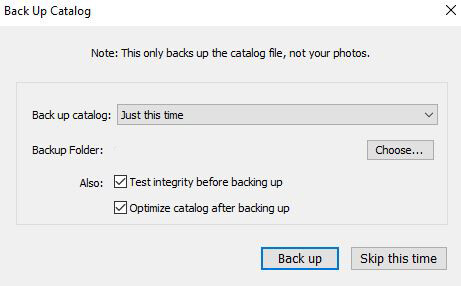 Screenshot of a Back Up Catalog dialog box with backup options and settings.