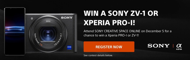 Sony ZV-1 compact camera and Xperia Pro-I smartphone displayed side-by-side against a dark background.