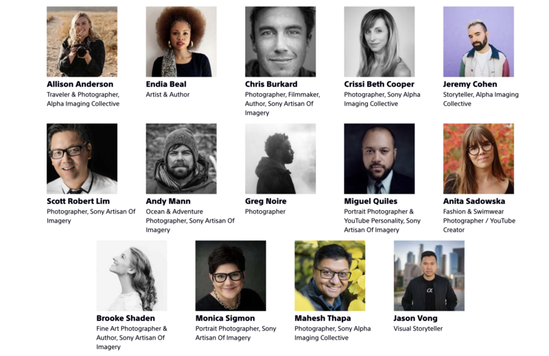 Grid of 14 portrait photographs showing photographers and visual creatives with their names and specialties listed below each image.