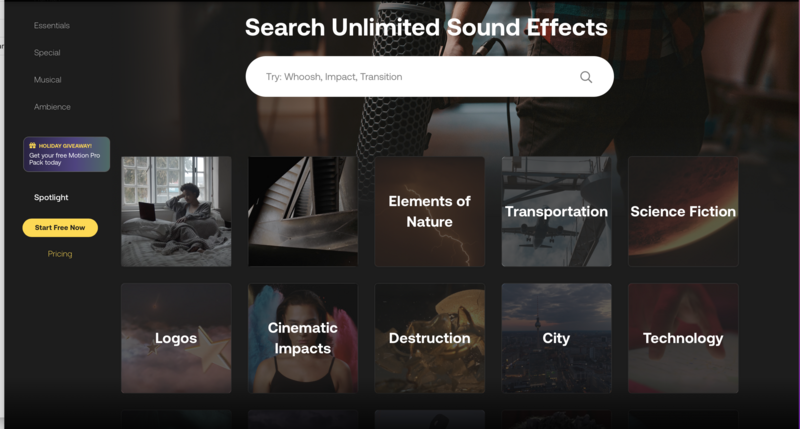 Screenshot of sound effects search platform with category tiles for nature, transportation, science fiction, and more.