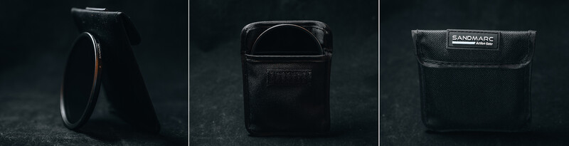 Three views of a black camera filter pouch and circular filter displayed against a dark textured background.